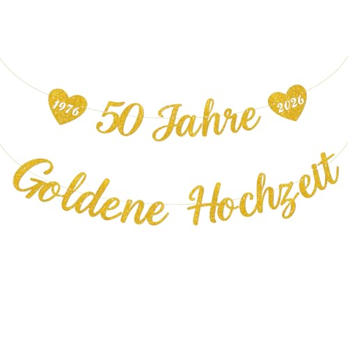 COMOOKA Goldene Hochzeit Deko - 50 Jahre Goldene Hochzeit Girlande aus Glitzerpapier - Hängende Banner zum 50. Hochzeitstag