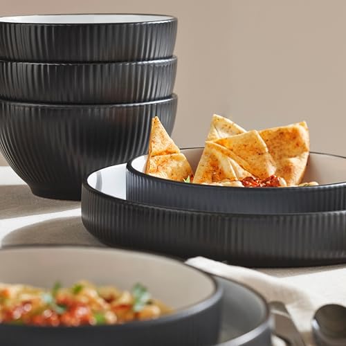Image of Christian Siriano Larosso 12-Piece Stoneware Dinnerware Set with Dinner Bowls and Pasta Bowls, Plates and Bowls Set, Dish Set for 4, Black