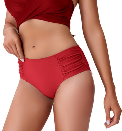 Image of COCOPEAR Full Coverage Bikini Bottoms for Women Mid Rise Bathing Suit Bottoms for Women Ruched Tummy Control Swim Bottoms