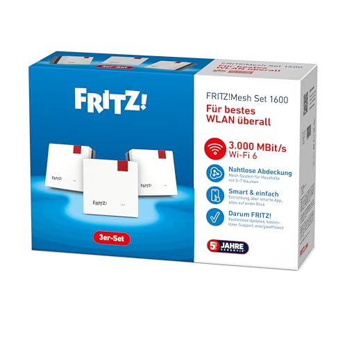 Fritz!Mesh Set 1600 Set van 3 (3X Fritz!Repeater, ideaal voor internetrouter of glasvezelmodem (ONT), WLAN-afdekking voor 5-7 ruimtes, Wi-Fi 6 met maximaal 3.000 Mbit/s, Duitstalige versie) - Afbeelding 5