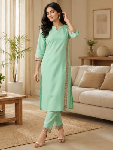 Image of Yash Gallery Women's Cotton Embroidered Straight Kurta & Pant Ethnic Wear