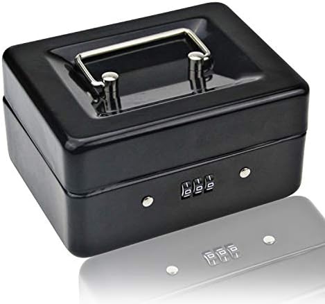Small Cash Box with Combination Lock  Durable Metal Cash Box with Money Tray Locking Storage Box, 15×12×8CM (Black, Small)