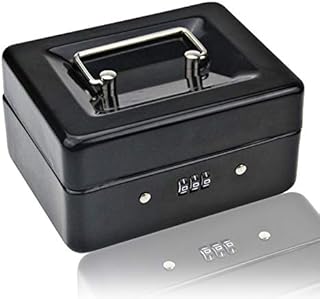 Small Cash Box with Combination Lock  Durable Metal Cash Box with Money Tray Locking Storage Box, 15×12×8CM (Black, Small)