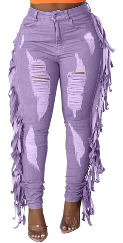Women's High Waisted Ripped Jeans Cut Out Destroyed Frayed Tassels Distressed Purple Denim Pants