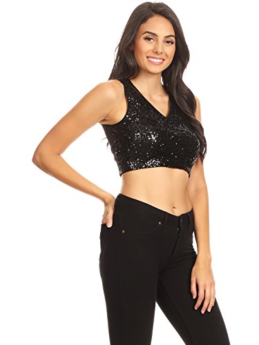 Anna-Kaci Womens Sleeveless Sequin V Neck Cropped Tank Top Clubwear Night Out, Silver3