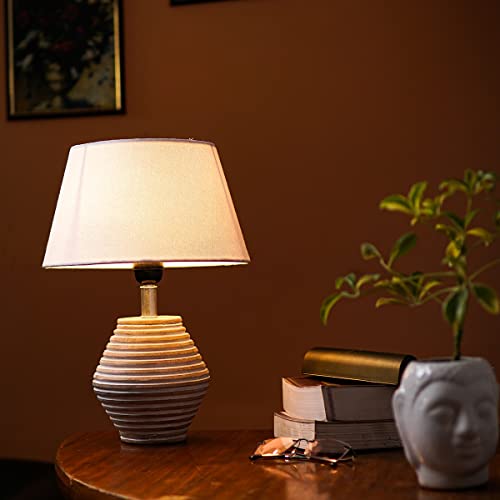 Image of PineCraft International Atury Table Lamp with Shade Night Lamp for Living Room, Study Room, Bedroom & Home Decor Gift Item 14 inch Height Wooden Study Lamp with White Shade