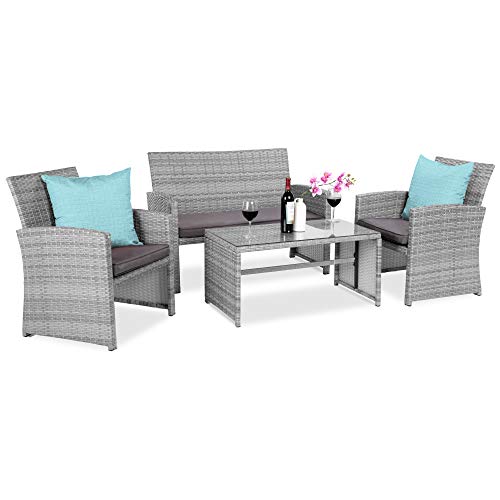 Best Choice Products 4-Piece Outdoor Wicker Patio Conversation Furniture Set for Backyard w/Coffee Table, Seat Cushions – Gray/Gray