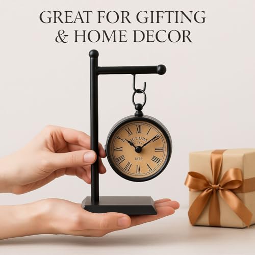 Image of 14 inch | Vintage London Station Table Clock Antique Black | Wood Iron & Glass Analog Desk Clock Home Decor