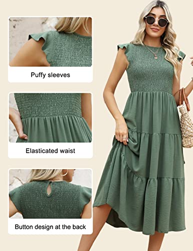 Yuson Girl Vestido Mujer Vestido Largo Verano Mujer Manga Volante Cuello Redondo Elegante hasta la Rodilla Vestidos de Playa Elástico Vestidos Largos Casual Sólida Vestido Verano(Verde, S) - imagen 4