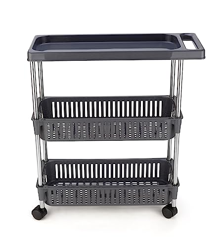 Image of Rasvesh Plastic-Stainless Steel Fruit & Vegetable 2+1 Stand Kitchen Trolley | Fruit Basket | Vegetable Basket | Onion Potato Rack for Kitchen | Vegetable Stand for Kitchen (2+1 Layer Rack)