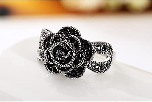 Rhinestone Black Flower Finger Ring For Women Brand Jewelry Vintage Style Size 7-92
