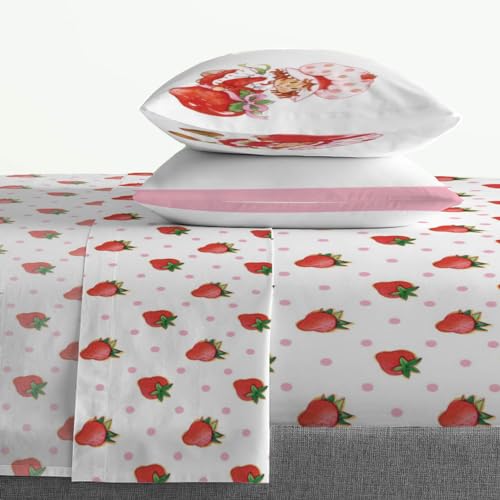 Image of Jay Franco Kids Sheet Set with Fitted, Flat Sheets & Pillow Cover - Ultra-Soft Bedding with Pillowcase for Room Decor, White - Strawberry Shortcake, 4 Piece Full