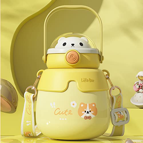 TIAASTAP Kawaii Wasserflasche mit Strohhalm, Edelstahl-Wasserflasche mit Gurt, 600 ml Bär, isolierte Wasserflasche für Kinder, Erwachsene, Reisen, Schule, Fitnessstudio, Picknick usw. (gelb) Cover