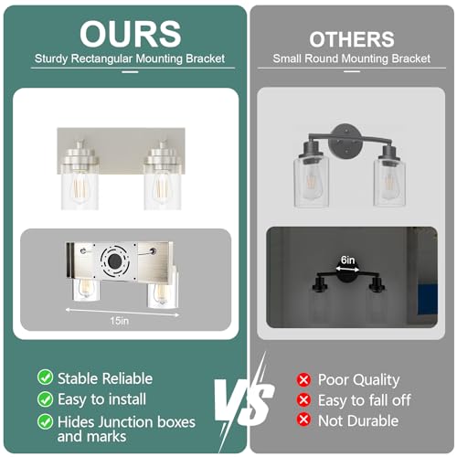 Image of IZORRO Bathroom Vanity Light Fixture, 2-Light 15 Inch Brushed Nickel Bathroom Light Fixtures Over Mirror, with Clear Glass Shade, Modern Farmhouse Vanity Lights, Rustic Restroom Lighting Fixtures