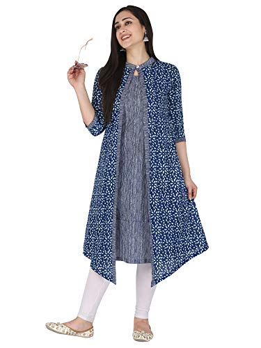 Image of KANNAHI Women Pure Cotton Printed Straight Calf Length Regular Jaipuri Kurta and Shrug Set with Floral Print for Womens & Girls Grey