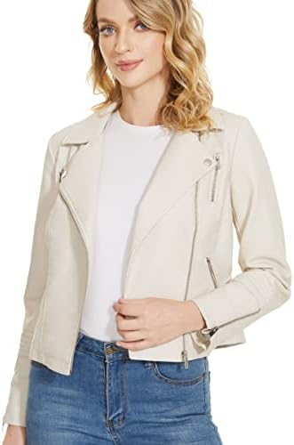 Fahsyee Women's Leather Jackets, Faux Motorcycle Plus Size Moto Biker Coat Short Lightweight Vegan Pleather Fashion White XXL
