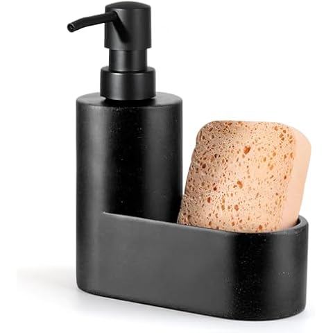 Shinowa Dish Soap Dispenser with Sponge Holder, Refillable Kitchen Dish Soap Dispenser Pump, 2-in-1 Countertop Soap Pump Dispenser for Kitchen Sink and Bathroom, Gravel Black Cover