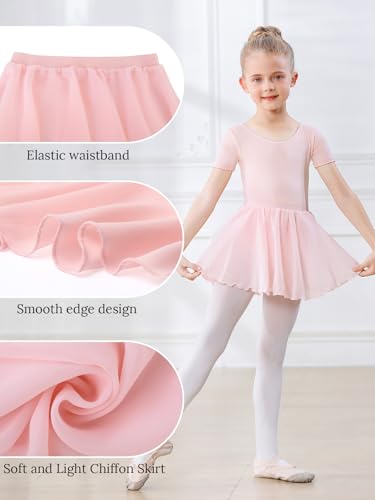 Ballettkleidung Mädchen Kurzarm Ballettkleid Baumwolle Balletttrikot Kinder Ballettanzug Ballettbody mit Chiffon Rock Tütü 3-11Jahre Rosa 130