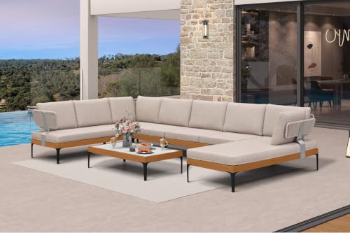 Image of PURPLE LEAF Patio Furniture Set Outdoor Sectional Sofa with Coffee Table Cushions and Pillows Wicker U-Shaped 8 Pieces Aluminum Conversation Sets for Balcony Yard Poolside Garden, Oatmeal Greige