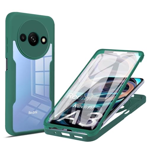 YUEQIAN Cover per Xiaomi Redmi A3 4G/Poco C61 4G, 360° Doppia Copertina HD Trasparente Antiurto Custodia con Protezione dello Schermo Integrata Custodie Bumper in Silicone TPU Morbido. Verde