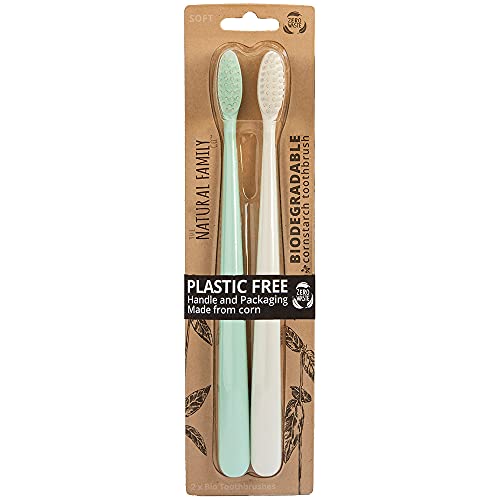The Natural Family Co. Bio Toothbrush, Soft Nylon Bristles with Non GMO Cornstarch Handles, Plastic Free Packaging and Ivory Desert and Rivermint Twin Pack