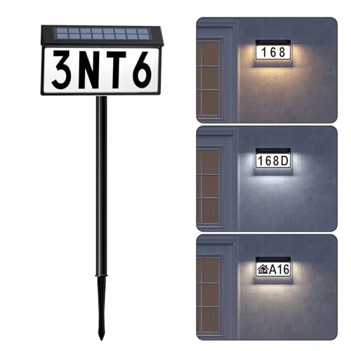 Solar Address Sign, Light Up House Numbers for Outside, 3-Color Illuminated LED Lighted Address Number with Stakes, Wall Mounted/In Ground Solar Powered Address Plaque for Yard Garden Home