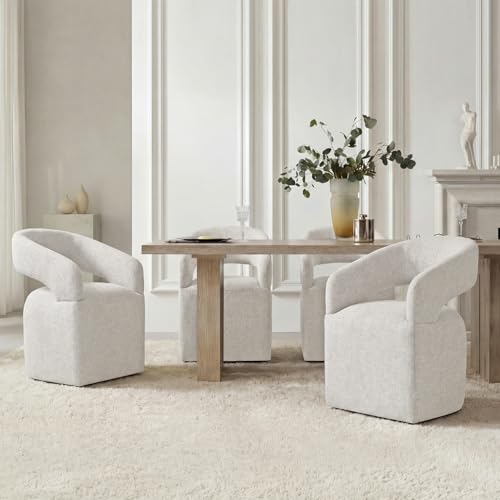 Image of KISLOT Upholstered Dining Chairs Set of 4, Modern Arm Kitchen & Dining Room Chairs with Hidden Casters, Linen Fabric Padded Rolling Chairs, Sturdy Wood Frame, 300 lbs Capacity, Beige