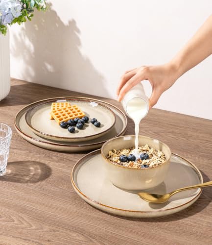 Image of GBHOME Dinnerware Sets for 8, 24 Pieces Ceramic Plates and Bowls Set | Scratch Resistant Stoneware Dishes Set, Dishwasher & Microwave Safe, Reactive Glaze-Almond Cream