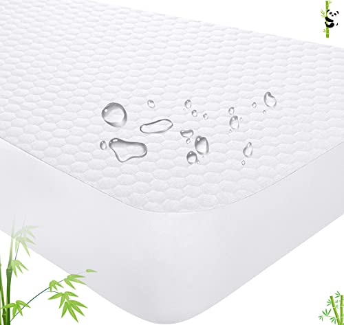 Image of Yoofoss Bamboo Waterproof Crib Mattress Protector, Quilted Fitted Crib Mattress Pad, Ultra Soft Breathable Toddler Mattress Protector Baby Crib Mattress Cover (52''x28'')