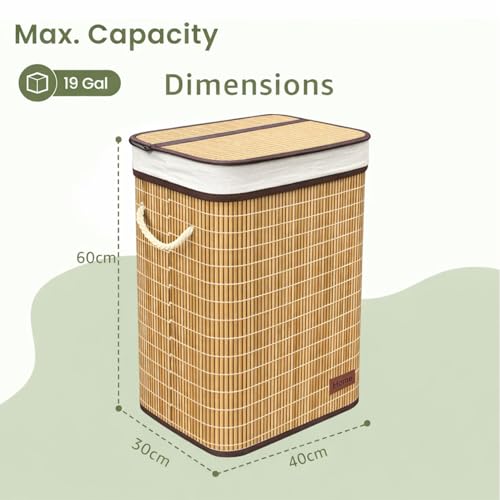 Image of Amazon Brand - Umi Rectangle Bamboo Laundry Basket for Clothes with Chain Lid | Eco-Friendly, Foldable & Lightweight Organizer (Natural, 40x30x60 cm, Pack of 1)