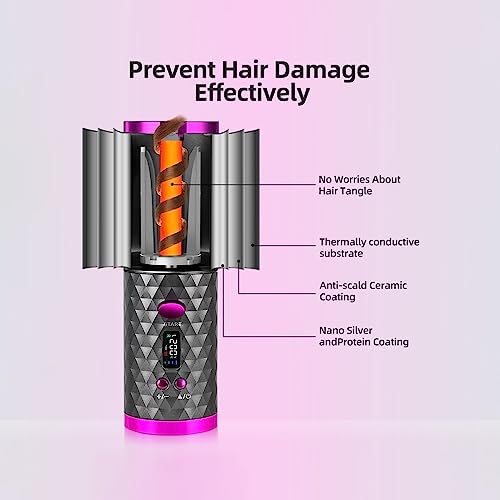 Automatic Rotating Curling Iron,Wireless Hair Curler,6 Temps Modes Lcd Display Cordless Automatic Curler Usb Rechargeable Crimping Mini Curling Iron Hair Curling Machine For Wave Hair #TOP3