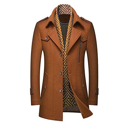 PRIJOUHE Men's Wool Blend Jacket Single Breasted Slim Fit Thick Winter Windproof Pea Coat with Removable Scarf