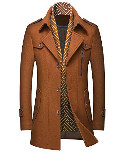 Image of PRIJOUHE Men's Wool Blend Jacket Single Breasted Slim Fit Thick Winter Windproof Pea Coat with Removable Scarf