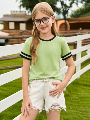 Image of Haloumoning Girls Short Sleeve T Shirts Kids Summer Crewneck Color Block Tops Fashion Tees 5-14 Years