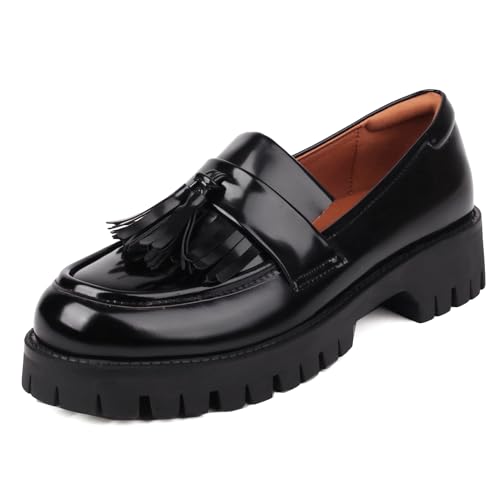 Image of Black Loafers Women Platform Chunky Business Casual Shoes | Memory Foam Insoles,Lug Sole,Slip on,Comfort Loafers for Work,Office,Commute,Versatile Daily Wear