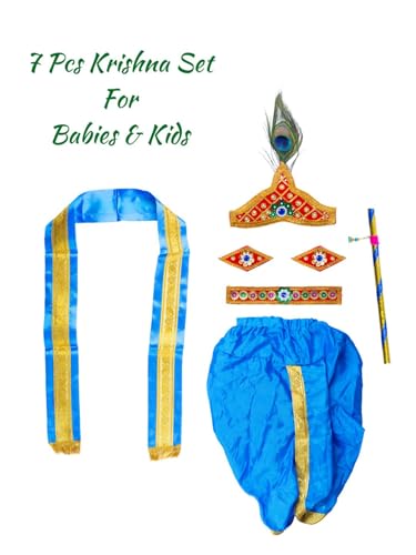 Image of Shri Krishna Costume Set - Ethnic Wear with Golden Jari Angavastram & Dhoti, Traditional Dress Set of 7 for Boys & Girls - Ideal for Janmashtami, Fancy Dress, and Festivals
