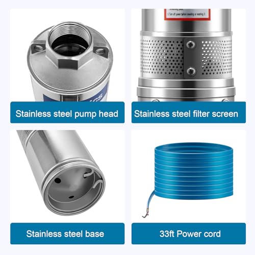 Toemics Deep Well Submersible Pump with External and Built-in Check Valve, 1.5HP 115V/60Hz, 37 GPM Flow, 276ft Head with 33ft Copper Power Cord Stainless Steel Water Pump for Industrial Irrigation