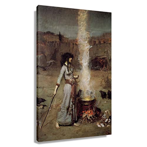 Vintage Witch Magic Circle Poster Decorations For Wall Art Framed Canvas Art Classic Wall Decor Painting Pictures John William Waterhouse Prints Famous Artwork Framed (12X18 Inch) #TOP13