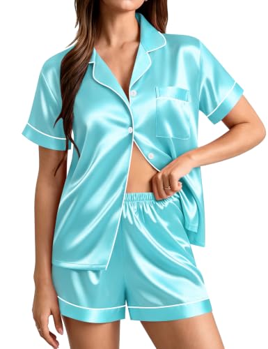 Image of SWOMOG Womens Silk Satin Pajamas Set Short Sleeve Sleepwear Button Down Top and Shorts Loungewear 2 Piece Pjs Set XS-3XL