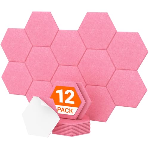 Image of 12 Pack High Density Hexagon Acoustic Panels, TONOR 12 inchx 10 inchx 0.4 inch Soundproof Wall Panels, Sound Absorbing Panels for Interior Wall Decor, Peel and Stick Modern for Studio, Office, Home, Pink