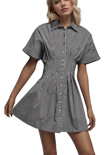 Image of calbatic Women Button Down Pleated Shirt Dress Striped Short Sleeve Summer Casual Business Flowy Mini Short Dress