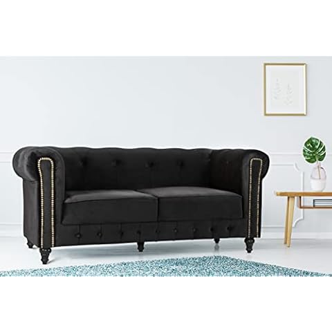 Bravich Velvet Fabric Chesterfield Black Sofa Suites - 2 Seater Sofa Set Plush Soft Fabric | Easy Clean | Cheasterfield Sofa Sets Cover