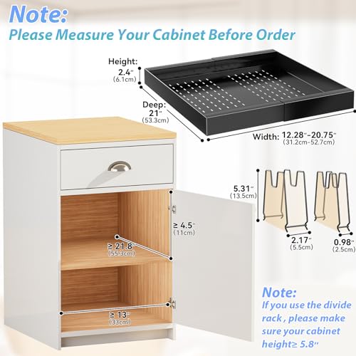 OVICAR Expandable Cabinet Organizer Drawer - Pull Out Cabinet Drawers 21" Deep Adhesive Slide Out Storage Shelf with 4pcs Divider Racks for Kitchen Pantry Bathroom Home, 12.2"-20.7" W, Black