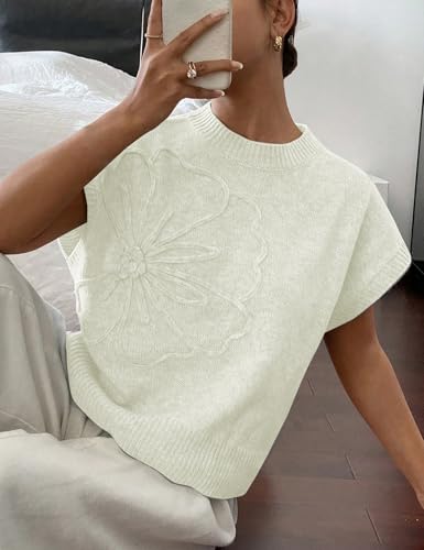 Image of 2026 Womens Floral Sweater Vest Cute Cap Sleeve Tops 3D Flower Decor Knit Tank Top Loose Spring Fall Summer Clothes
