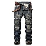 Generic Mens Distressed Moto Designer Jeans Runway Biker Denim Jeans Slim Fit Straight Leg Denim Pants with Zipper Deco (30,Blue)