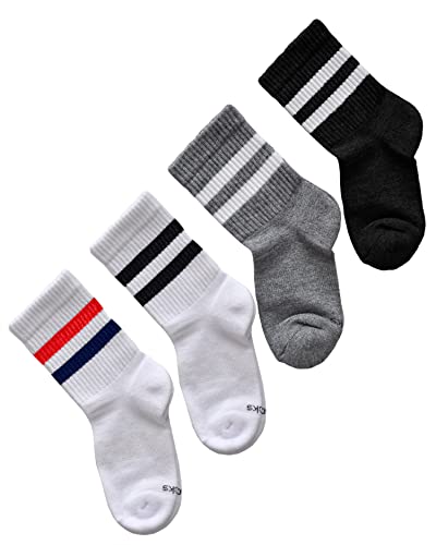 vitsocks Calcetines Deporte BAMBÚ Antiampollas Niños Unisex (4 PARES) Retro Skate Crew, blanco negro gris, 27-30