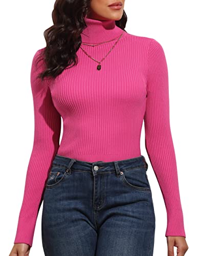 Image of PrettyGuide Women's Ribbed Turtleneck Long Sleeve Sweater Tops Hot Pink S