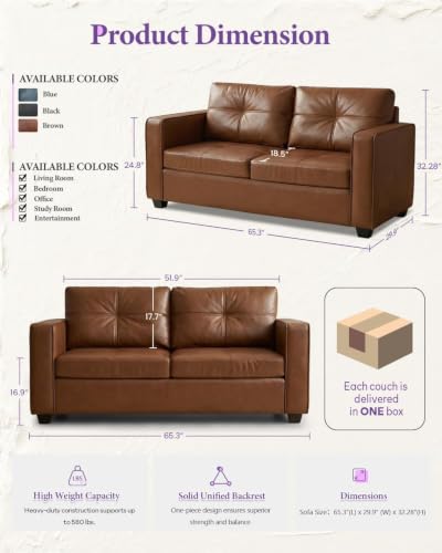 Image of TYBOATLE 65'' Brown Faux Leather Loveseat with USB, 2-Seater Sofa | Modern Tufted Design, Wide Arms, Comfy Seating, USB Charging Ports, Living Room, Office, Bedroom, Apartment, Small Spaces