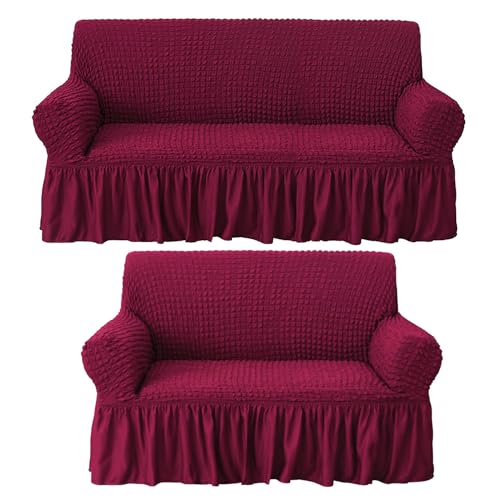 Image of Bails Sofa Cover 3 Seater and 2 Seater Fully Covered | Sofa Cover 3 Seater Fully Covered | Universal Elastic Bubble Fabric with Frill Sofa Protector Cover (Maroon, 3 Seater + 2 Seater)
