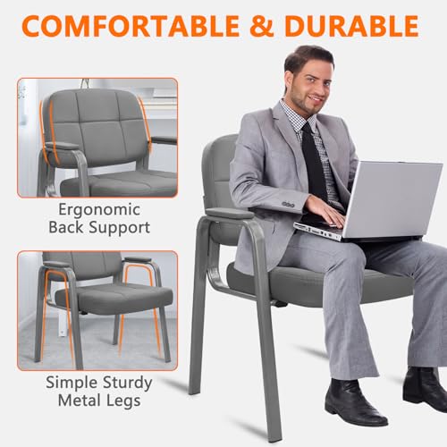 Image of CLATINA Big & Tall 500 lbs Waiting Room Guest Chair, Leather Office Reception Chair No Wheels with Padded Arms for Elderly Home Desk Conference Room Lobby Side Salon Clinic, Grey